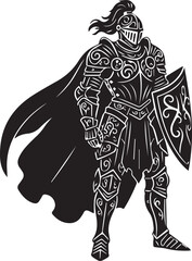 Intricate black silhouette of a medieval knight in full, ornate armor and flowing cape, holding a decorative shield and ready for battle.