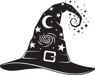 Magical black silhouette of a witch's hat adorned with stars, a crescent moon, and swirling cosmic energy, perfect for a fantasy or Halloween icon.