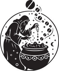 Circular black and white silhouette of a robed wizard or alchemist with a long beard, intently dropping ingredients into a bubbling, ornate cauldron under a cosmic sky.
