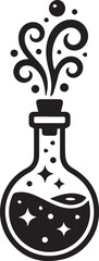 Simple black silhouette of a corked round-bottomed flask containing a sparkling liquid, with a swirling, bubbling magical potion essence rising from the top.