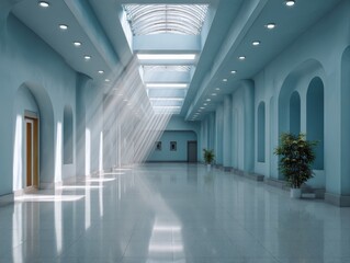 A bright, airy hallway with an architectural design that features arched doorways, a skylight with beaming sunlight, and a glossy tiled floor.