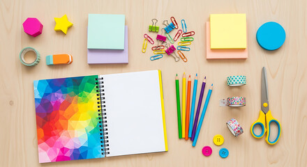 Overhead view of a wooden desk with a colorful array of stationery items, including a notebook with a vibrant cover, pencils, paper clips, and washi tape, creating a cheerful and organized workspace a
