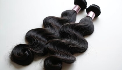 Black hair extensions with body wave texture. Hair bundles with natural appearance and soft shine. Hair styling and beauty enhancement product.