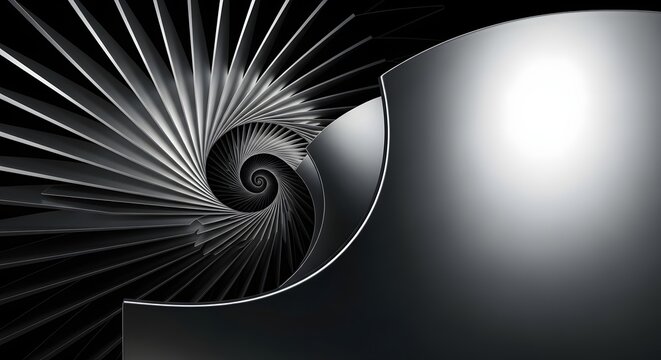 Abstract metallic spiral turbine blade pattern with smooth reflective surface