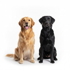 AI-generated Cute golden and black retriever puppy group portrait sitting, isolated on a white background.