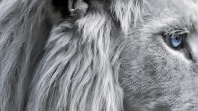 Close up of a majestic white lion with striking blue eyes