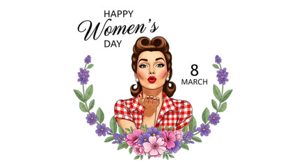 Obraz premium Photo of happy womens day illustration with retro woman blowing kiss isolated on transparent background