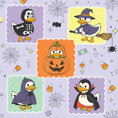 Cute Halloween ducks dressed in costumes like a skeleton, witch, pumpkin, ghost, and vampire, set against a purple background with spiderwebs and candy.