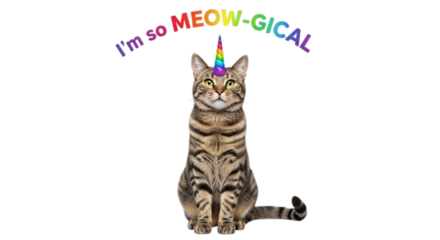 Photo of tabby cat wearing a unicorn horn isolated on transparent background