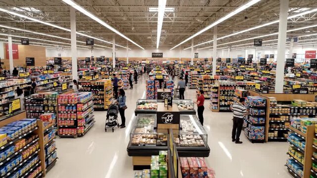 Christmas Lights Display Large Supermarket Interior with Shoppers and Filled Shelves