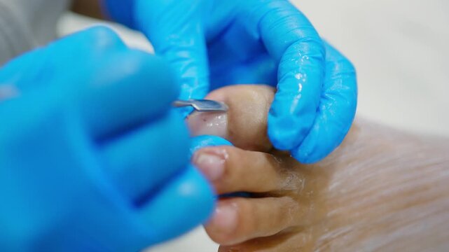 Pedicurist removing cuticles from toenails during spa treatment