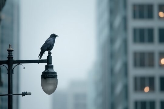 A crow sits on a streetlight overlooking a modern city, surrounded by fog and tall buildings in the early morning light