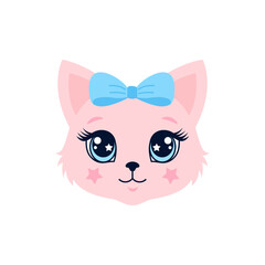 Cute pink kitten face illustration with blue bow