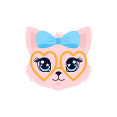 Cute pink kitten face illustration with blue bow and yellow eyeglasses on white background