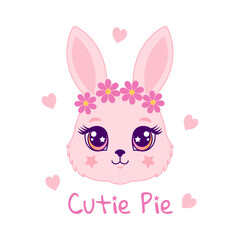 Cute pink bunny face with a pink flower crown and hearts. Perfect vector for Valentine's, T-shirts, and baby decor.