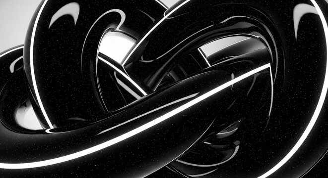 Abstract black glossy intertwined tubes with white highlights and speckles, isolated on white background