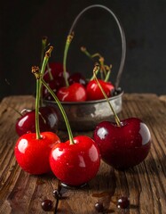 Fresh Cherries in a Metal Bowl