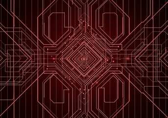 Abstract technological circuit board background with intricate glowing red lines and geometric patterns creates a
