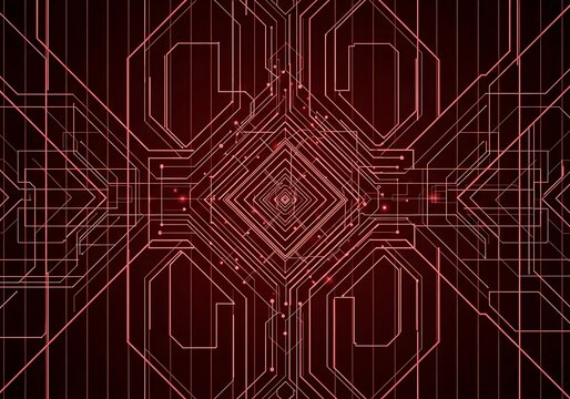 Abstract technological circuit board background with intricate glowing red lines and geometric patterns creates a - Powered by Adobe