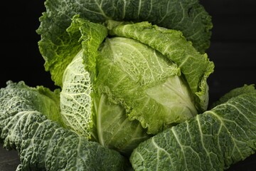 Fototapeta premium Fresh ripe Savoy cabbage on black background, closeup