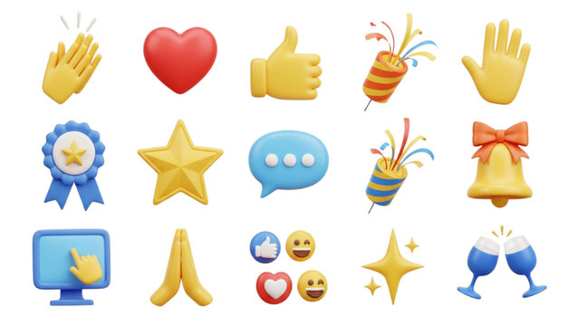 Glossy 3D Emoji Icon Set Transparent Background | Reaction, Celebration, Hand, Heart, Star, Bell, Chat, Award
