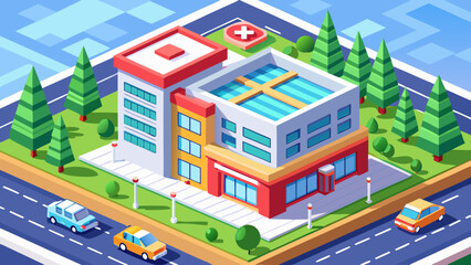 Fototapeta premium Isometric hospital building vector with emergency entrance, ambulance zone, trees, 3D perspective, scalable clean design, windows, rooftop, healthcare architecture, professional style, modern city 