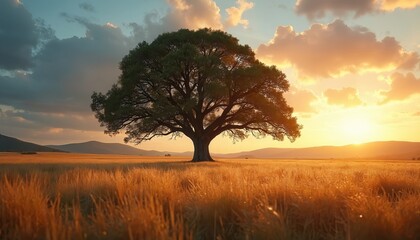 Fototapeta premium Lonely oak stands in wheat field during sunset. Tree silhouette on horizon. Sun rays shine through cloudy sky over hills. Warm countryside landscape. Majestic nature wallpaper or card.