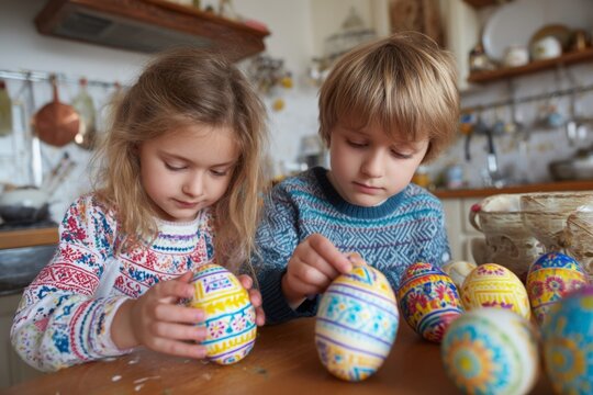 Two young children are focused on decorating brightly colored Easter eggs in a warm, inviting kitchen setting, enjoying their creative activity