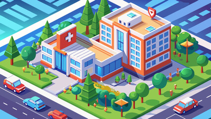 Fototapeta premium Isometric hospital building vector with emergency entrance, ambulance zone, trees, 3D perspective, scalable clean design, windows, rooftop, healthcare architecture, professional style, modern city 