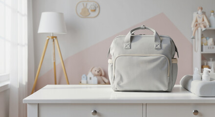 Diaper bag mockup in gray color on dresser in stylish nursery