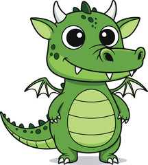 Cartoon green dragon illustration, cute fantasy creature with wings and tail, smiling face, vector mythical animal drawing, children’s content, white background