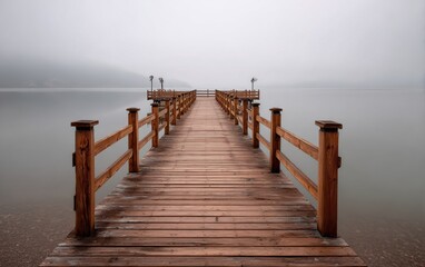 Serene long exposure of a wooden pier extending into a calm, misty lake.