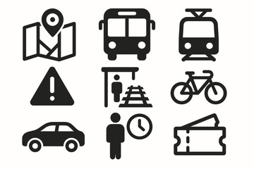 Transportation icons: map, bus, train, bicycle, car, ticket, warning, pedestrian symbols