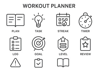 Exercise planner icons: plan, streak, timer, goal, review, checklist, level, task, calendar