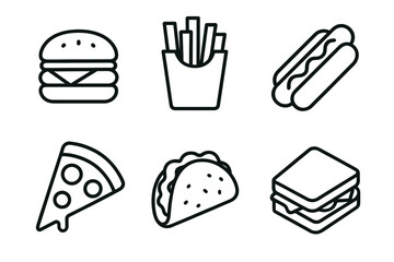 Minimalist fast food icons: burger, fries, hot dog, pizza, taco, sandwich