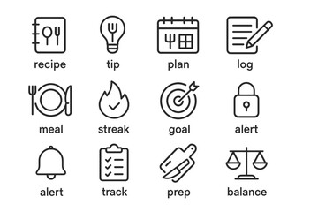 Set of simple black outline icons for recipe and meal planning