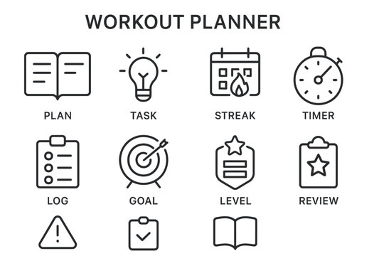 Exercise planner icons: plan, streak, timer, goal, review, checklist, level, task, calendar