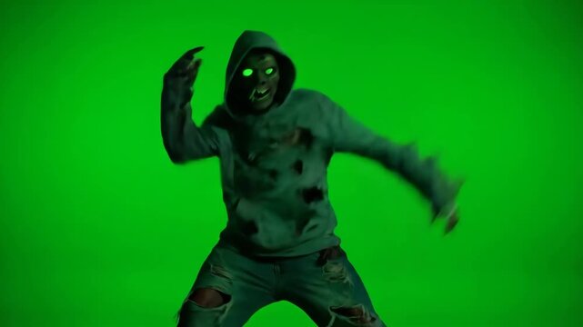 Neon Zombie Hip Hop Freestyle on Green Screen - A zombie figure, with glowing green eyes, performs a freestyle hip-hop dance in front of a green chroma key background.