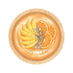 Watercolor Illustration of Orange Smoothie Bowl with Banana and Orange Slices