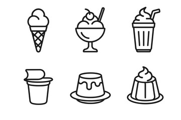 Minimalist dessert icons: ice cream, sundae, milkshake, yogurt pot, pudding, jelly