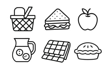 Picnic icons set: basket, sandwich, apple, juice, blanket, pie