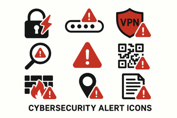 Cybersecurity alert icons: vpn, firewall, lock, qr code, password protection