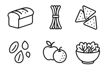 Outline icons of bread, pasta, nachos, seeds, fruits, and salad bowl