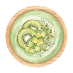 Watercolor Illustration of Green Smoothie Bowl with Kiwi and Avocado