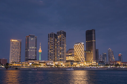 The Colombo skyline photographed from Port City just after sunset.