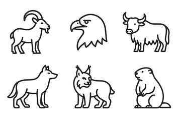 Outline icons of diverse wildlife animals featuring goat, eagle, bison, wolf, lynx, and marmot