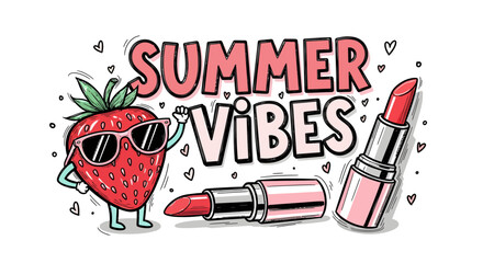 A cool cartoon strawberry with sunglasses and lipsticks with the text 'Summer Vibes' in a hand-drawn doodle style.