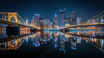 Fototapeta premium Cityscape at night with illuminated bridges and reflected lights