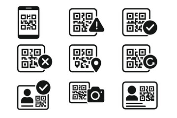Qr code icons on phone screen and id cards with checkmarks and alerts