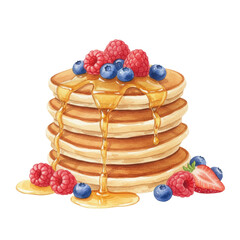 Watercolor Illustration of Pancakes with Syrup and Mixed Berries